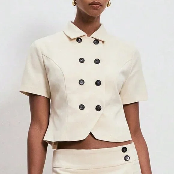 Khaki Casual Women's Short Sleeve Double-Breasted /Work Blazer